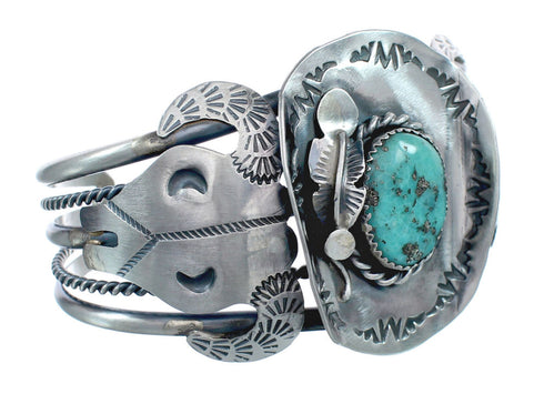 Authentic Sterling Silver Navajo Cow Skull Turquoise Cuff Bracelet AX123865